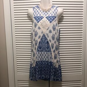 Blue and White Boho Crochet Accent Tunic Dress